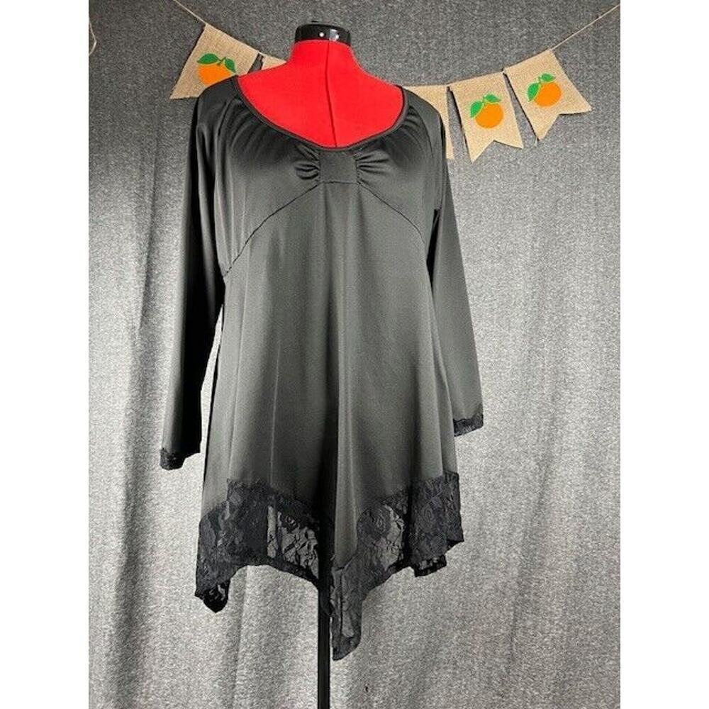 Black Lace Trim Tunic Long Sleeve Shark Tooth Lace Hem Size 3XL